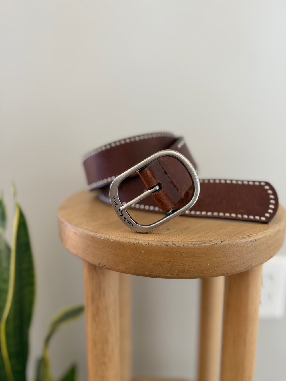 Calvin Klein Classic Brown Leather Belt with Silver Buckle and Studs, Small